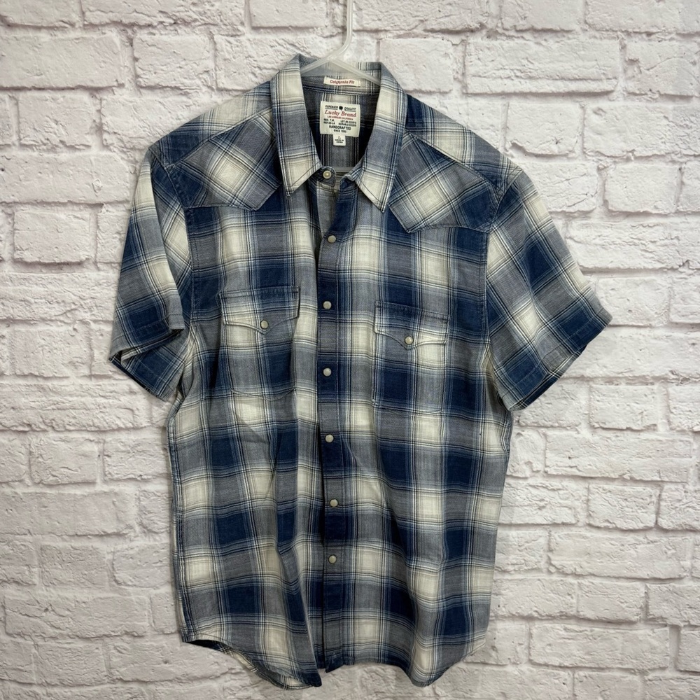 LUCKY BRAND MENS CALIFORNIA FIT INDIGO WESTERN PLAID PEARL SNAPS SHIRT LARGE